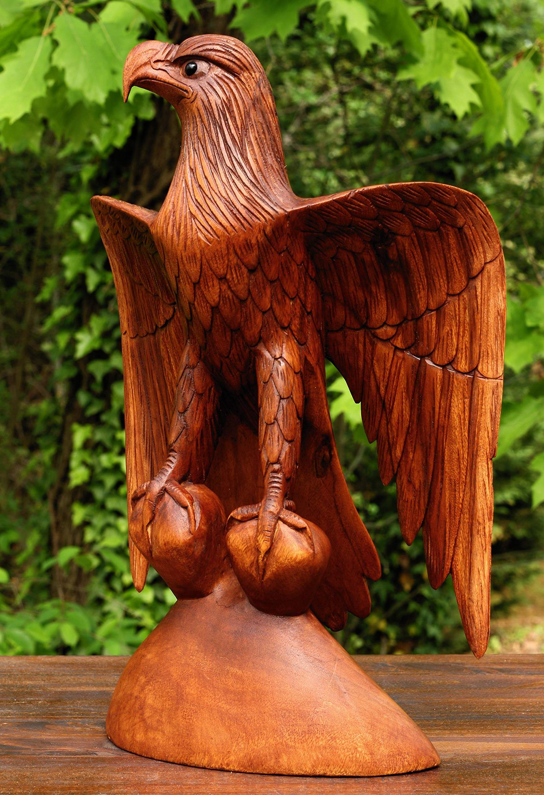 Detailed wood carving of a majestic eagle